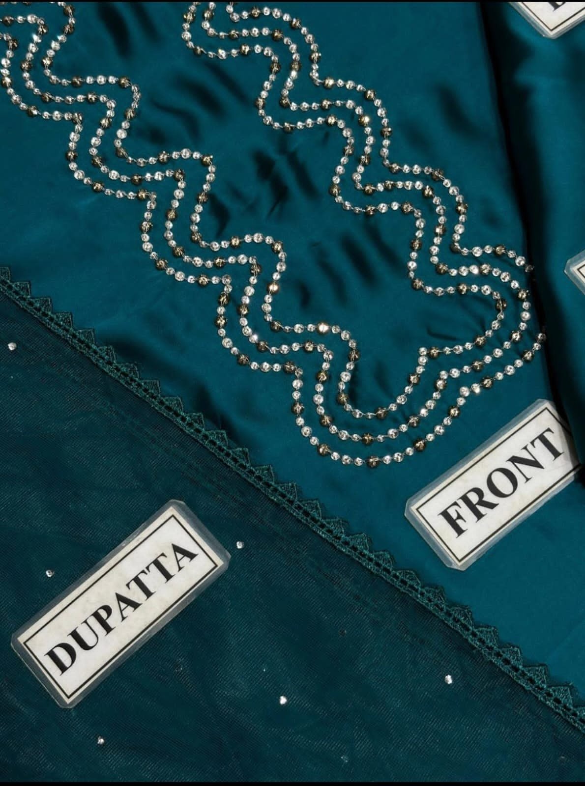 Unstitched Shamoz Silk Suit with Kundan Work & Lace Dupatta – 3 Piece - Image 3