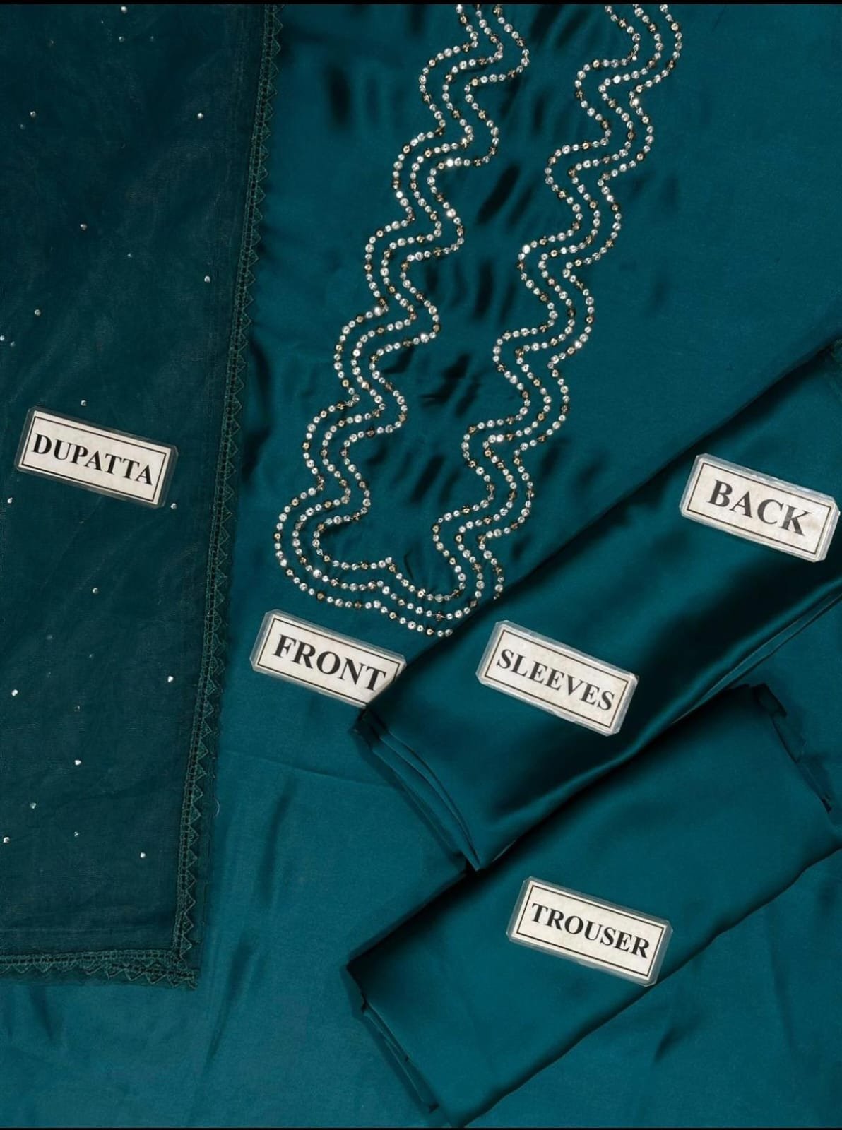 Unstitched Shamoz Silk Suit with Kundan Work & Lace Dupatta – 3 Piece - Image 4