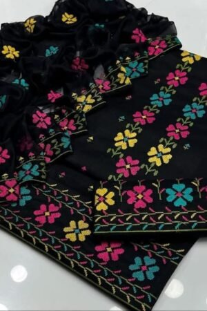 Lawn Cotton 3PC Suit with Cross Stitch Multi Gulab Embroidery