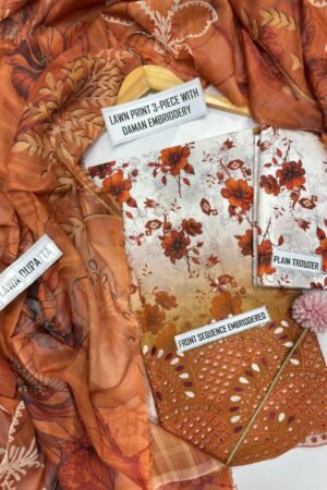 Printed Lawn 3PC Suit with Front Daman Embroidery & Lawn Doria Dupatta