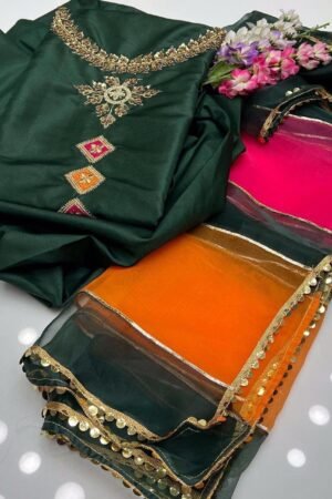 Fancy Collection 3PC Kattan Silk Suit with Multi Applique & Organza Dupatta