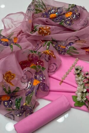 3PC Kattan Suit with Organza Brush Paint Dupatta & Sitari Embroidery