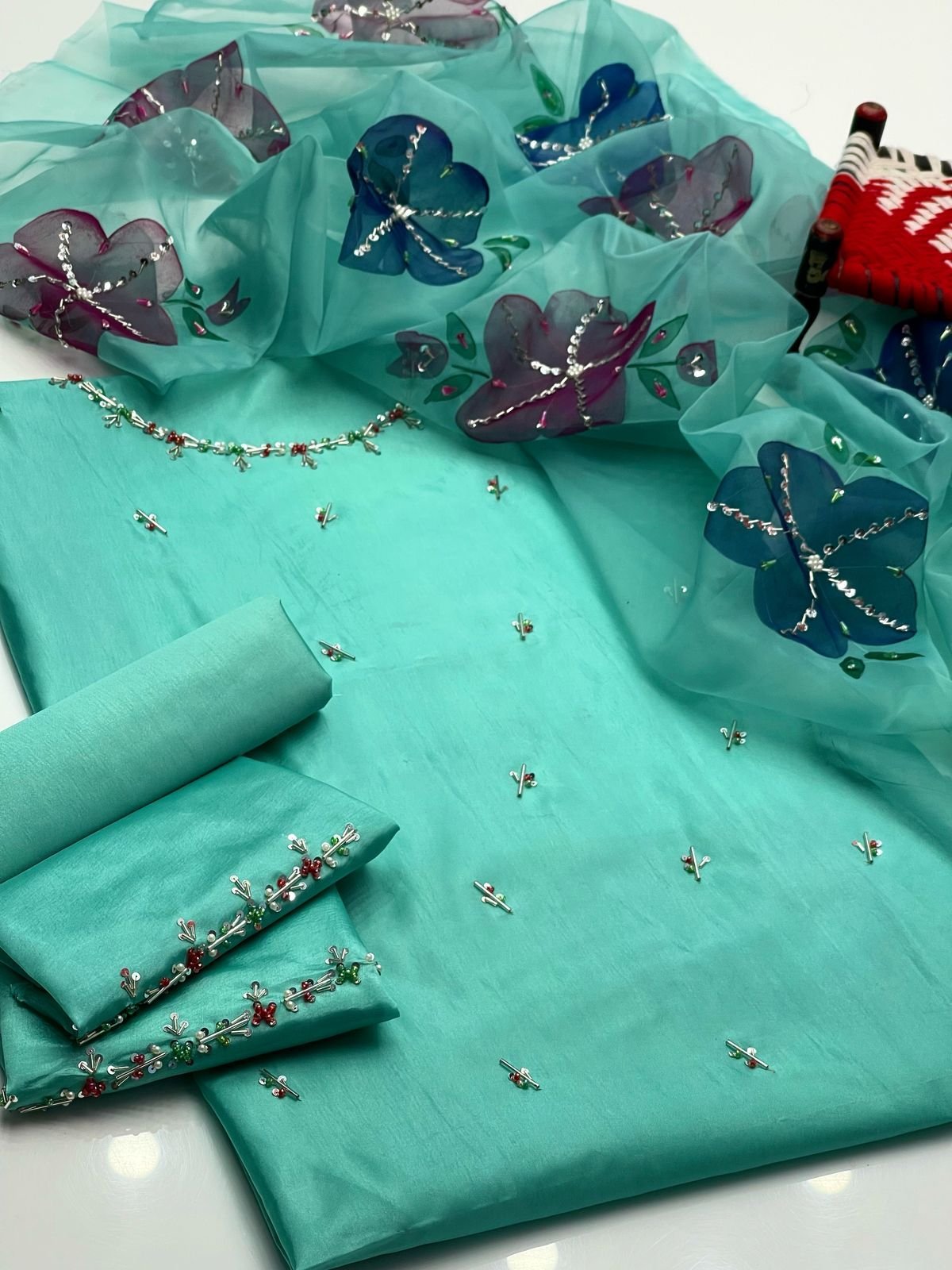 Kathan Silk 3PC Suit with Handmade Work Shirt & Organza Zari Dupatta - Image 6