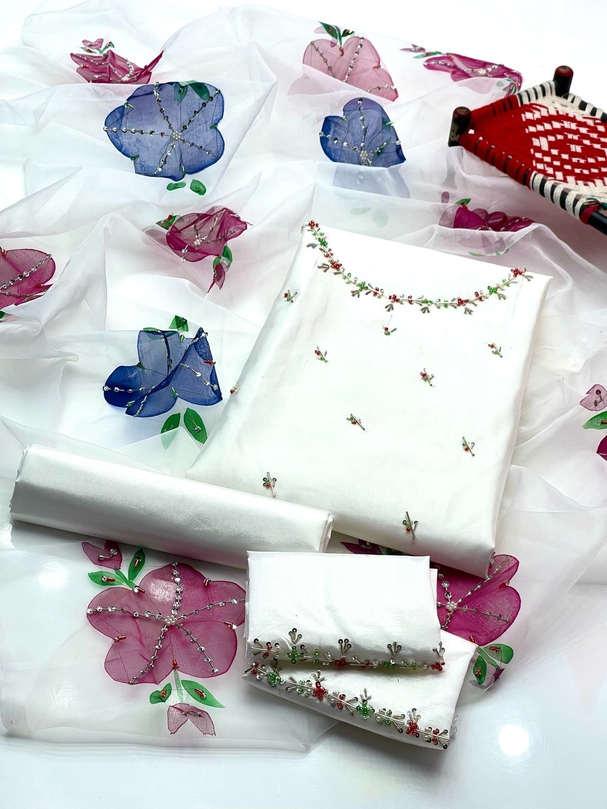 Kathan Silk 3PC Suit with Handmade Work Shirt & Organza Zari Dupatta - Image 4