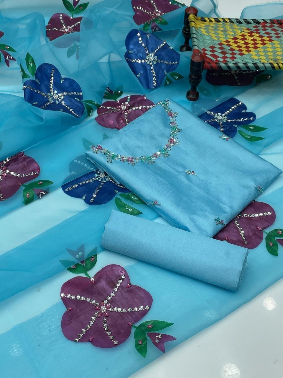 Kathan Silk 3PC Suit with Handmade Work Shirt & Organza Zari Dupatta - Image 8