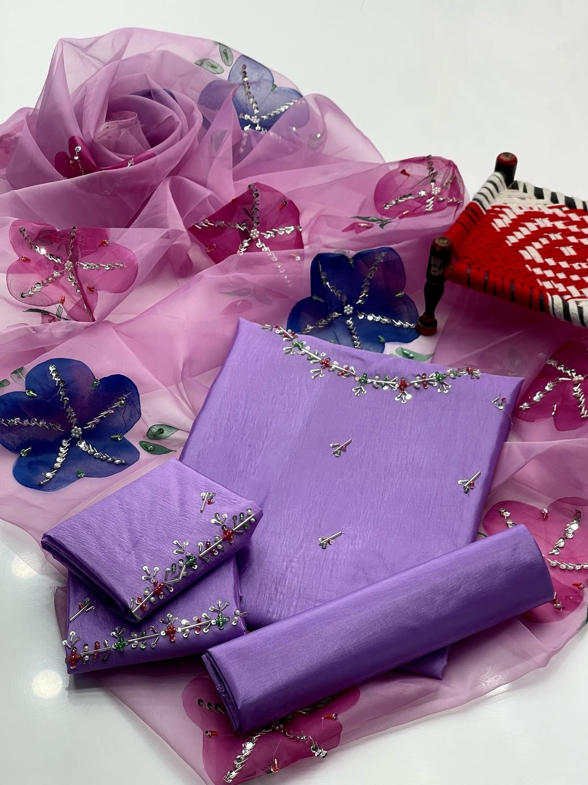 Kathan Silk 3PC Suit with Handmade Work Shirt & Organza Zari Dupatta - Image 2