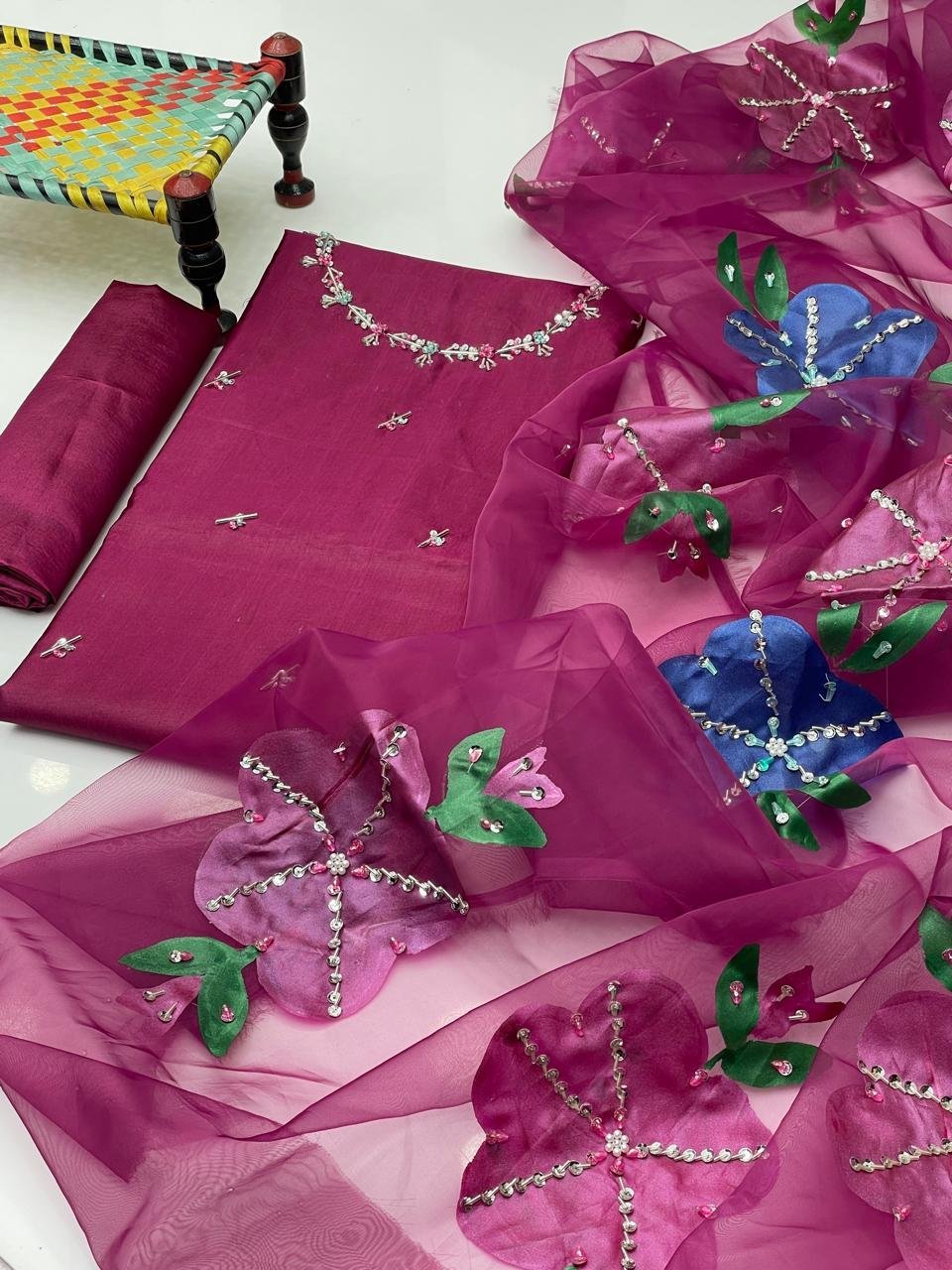 Kathan Silk 3PC Suit with Handmade Work Shirt & Organza Zari Dupatta - Image 9