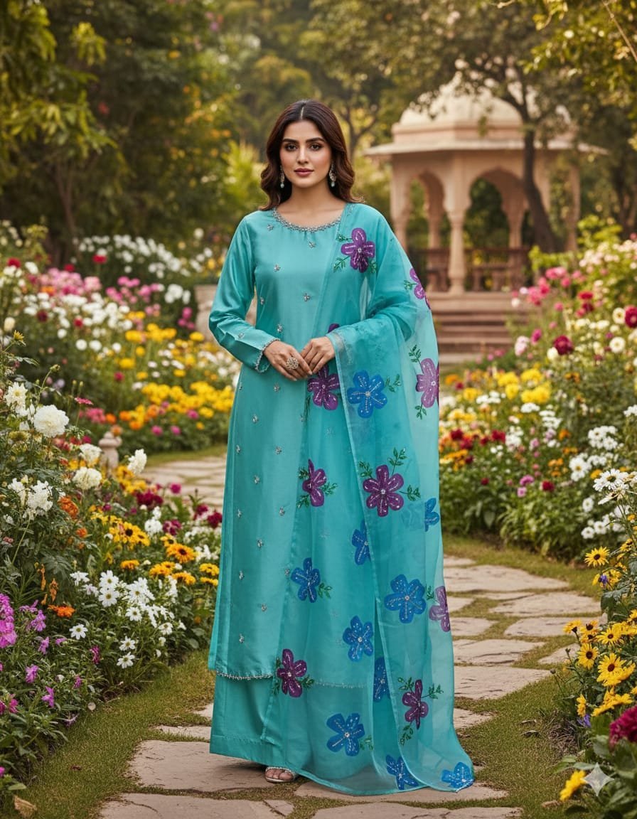 Kathan Silk 3PC Suit with Handmade Work Shirt & Organza Zari Dupatta - Image 7