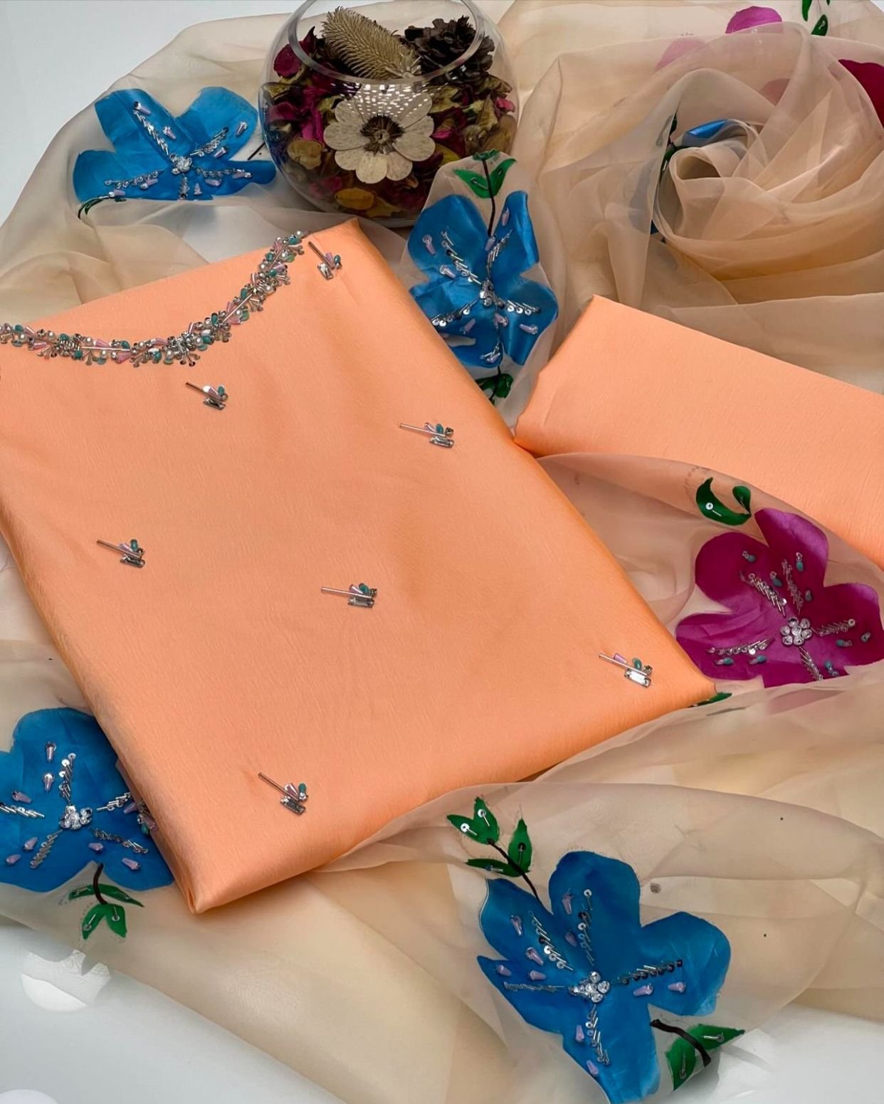 Kathan Silk 3PC Suit with Handmade Work Shirt & Organza Zari Dupatta - Image 10