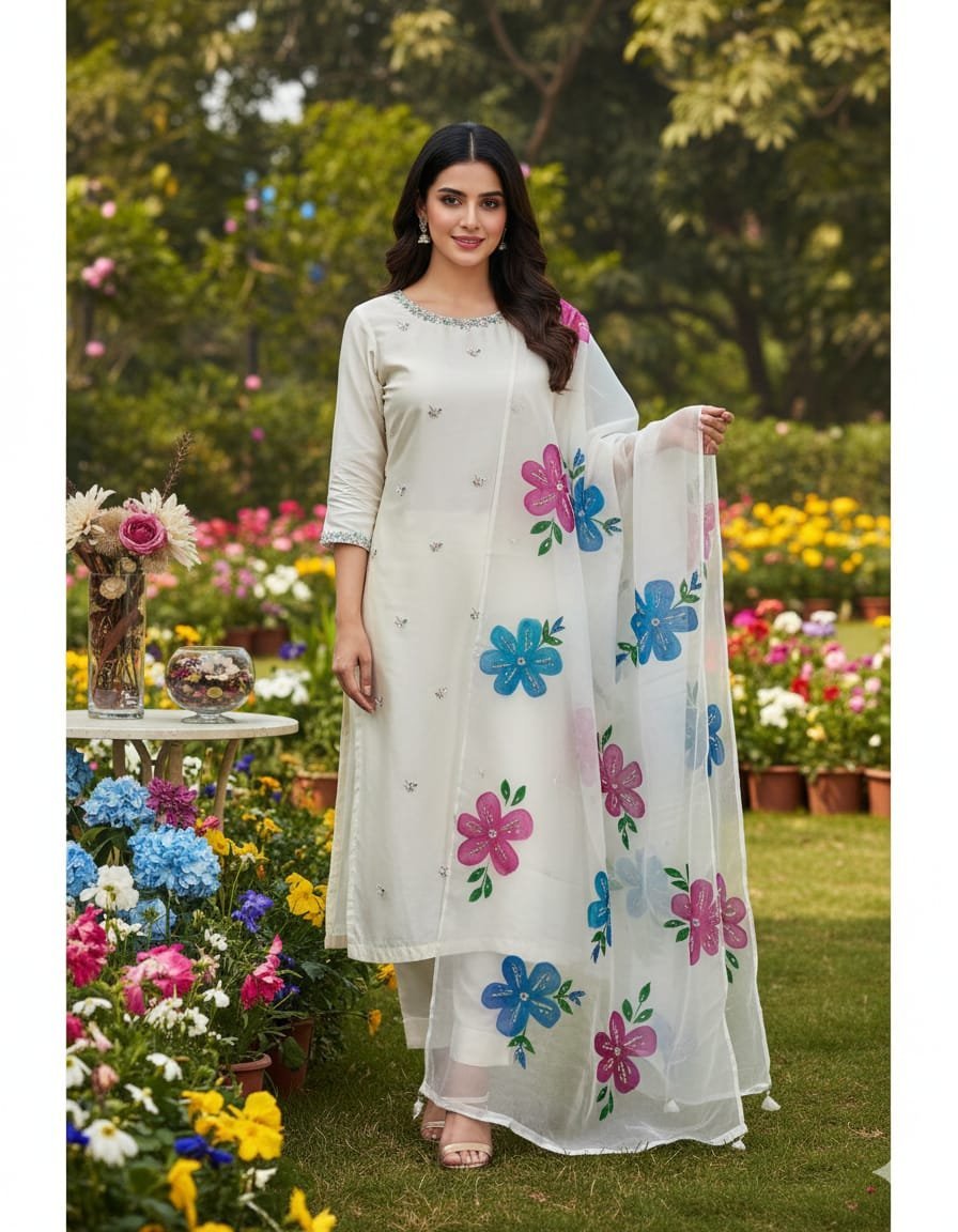 Kathan Silk 3PC Suit with Handmade Work Shirt & Organza Zari Dupatta - Image 3