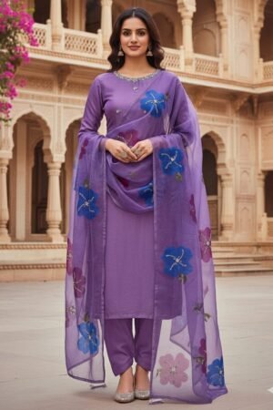 Kathan Silk 3PC Suit with Handmade Work Shirt & Organza Zari Dupatta