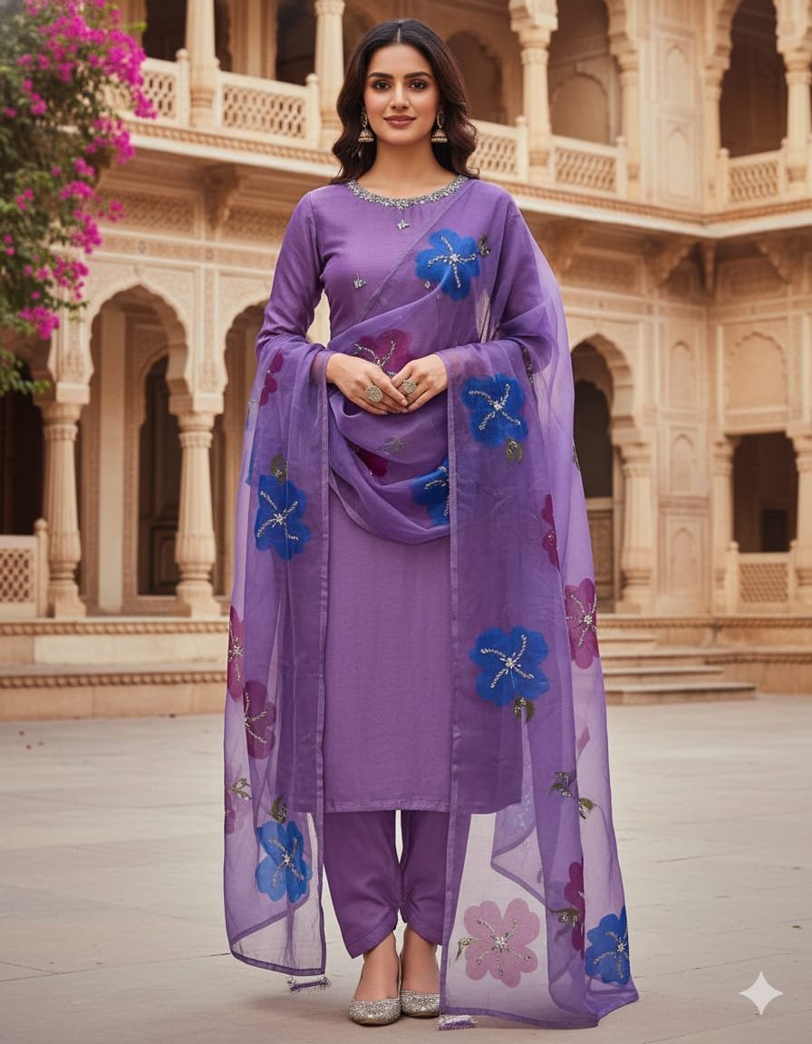 Kathan Silk 3PC Suit with Handmade Work Shirt & Organza Zari Dupatta