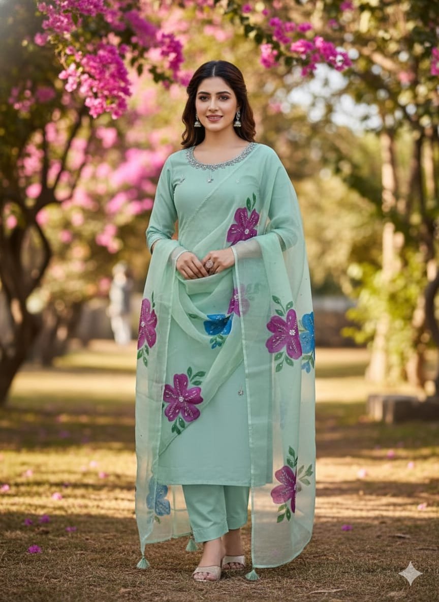 Kathan Silk 3PC Suit with Handmade Work Shirt & Organza Zari Dupatta - Image 5